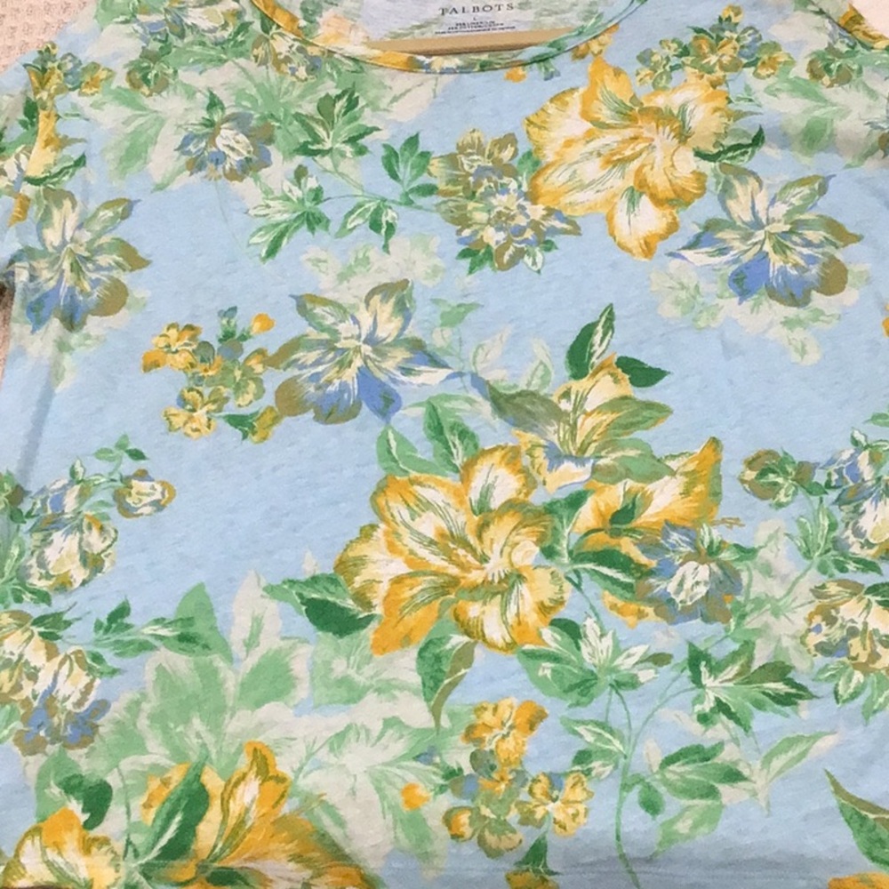 Talbots Blue and Yellow Floral Short Sleeve Top Size L - Picture 3 of 10